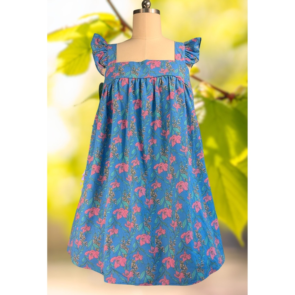 Perch by Blu Pepper Blue Pink Floral Babydoll Dress Ruffle Sleeve